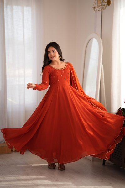 Lavish Rust Fully Stitched Georgette Gown with Heavy Butter Cotton Inner at Manufacturer  Ready To Wear Collection