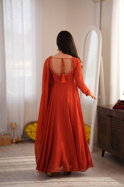 Lavish Rust Fully Stitched Georgette Gown with Heavy Butter Cotton Inner at Manufacturer  Ready To Wear Collection