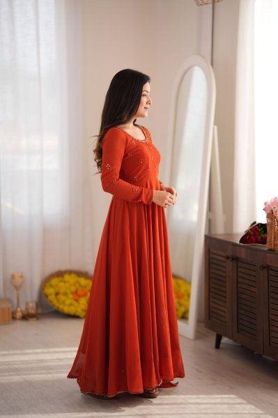 Lavish Rust Fully Stitched Georgette Gown with Heavy Butter Cotton Inner at Manufacturer  Ready To Wear Collection