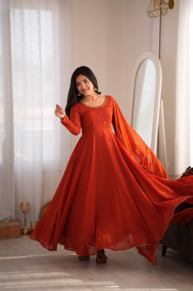 Lavish Rust Fully Stitched Georgette Gown with Heavy Butter Cotton Inner at Manufacturer  Ready To Wear Collection