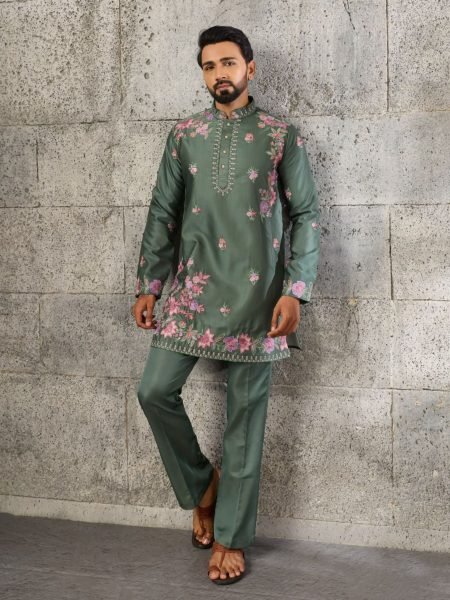 Lavish Sage Green Japanese Fabric Kurta Pant Set with Heavy Thread For Party 