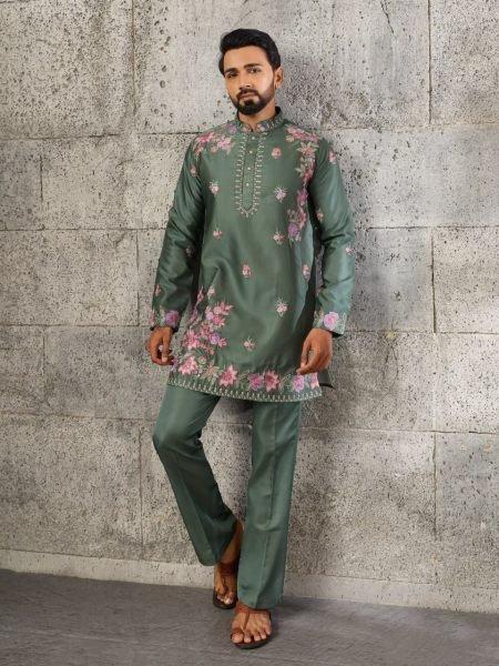 Lavish Sage Green Japanese Fabric Kurta Pant Set with Heavy Thread For Party Mens Short Kurta