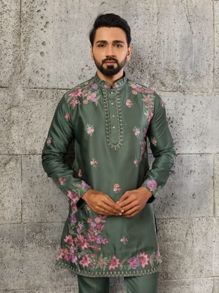 Lavish Sage Green Japanese Fabric Kurta Pant Set with Heavy Thread For Party Mens Short Kurta
