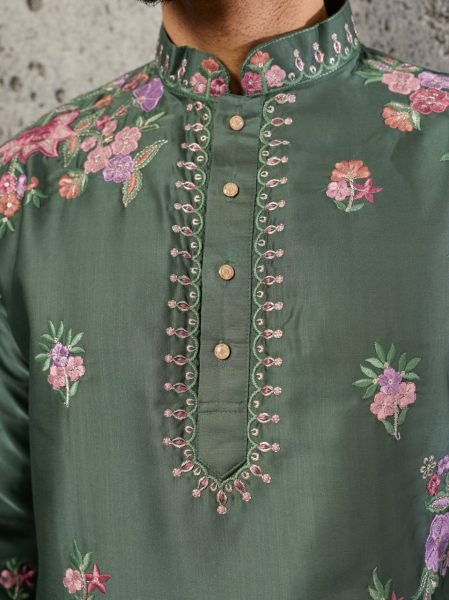 Lavish Sage Green Japanese Fabric Kurta Pant Set with Heavy Thread For Party Mens Short Kurta