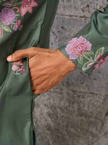 Lavish Sage Green Japanese Fabric Kurta Pant Set with Heavy Thread For Party Mens Short Kurta