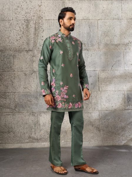 Lavish Sage Green Japanese Fabric Kurta Pant Set with Heavy Thread For Party Mens Short Kurta