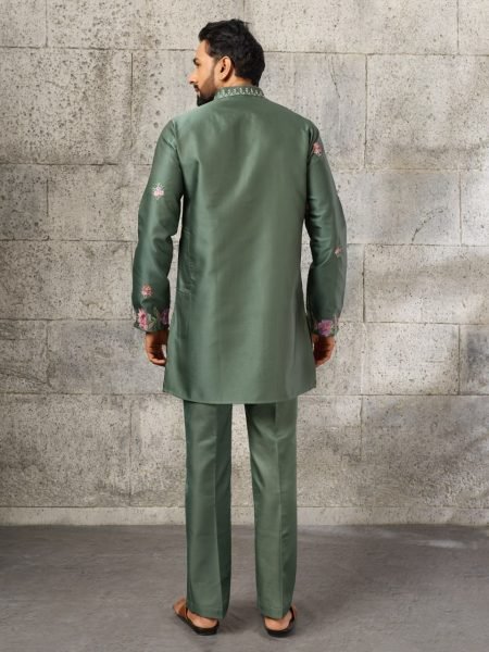 Lavish Sage Green Japanese Fabric Kurta Pant Set with Heavy Thread For Party Mens Short Kurta