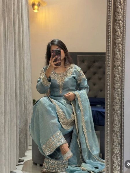 Lavish Sky Blue Palazzo Set with Sequins Work Dupatta for Women Ready To Wear Suit
