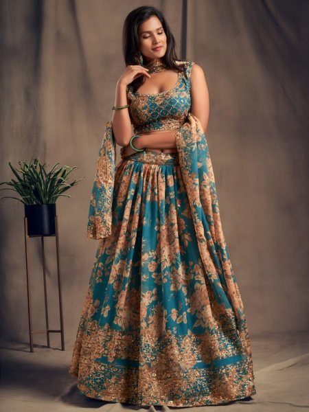 Lavish Teal Blue Zari Embroidery Organza Lehenga Choli For Party Ware Designer Lehenga Choli