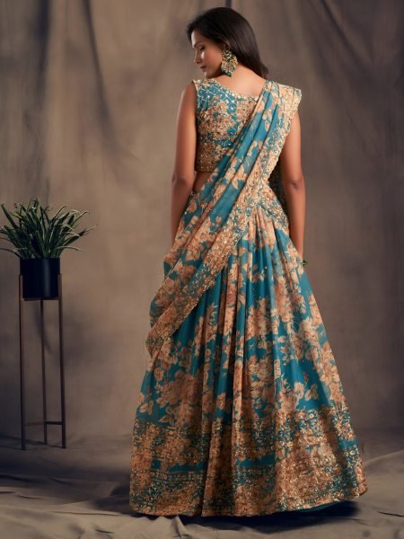 Lavish Teal Blue Zari Embroidery Organza Lehenga Choli For Party Ware Designer Lehenga Choli