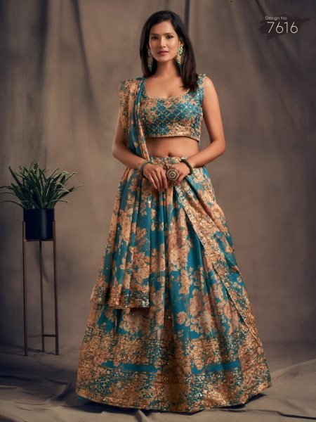 Lavish Teal Blue Zari Embroidery Organza Lehenga Choli For Party Ware Designer Lehenga Choli