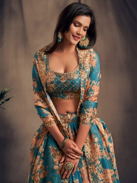 Lavish Teal Blue Zari Embroidery Organza Lehenga Choli For Party Ware Designer Lehenga Choli