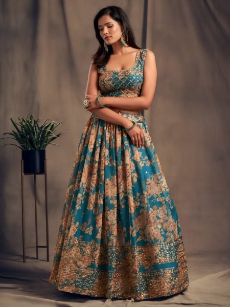 Lavish Teal Blue Zari Embroidery Organza Lehenga Choli For Party Ware Designer Lehenga Choli