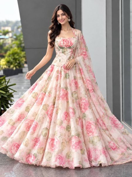 Lavish White Haldi Special Organza Digital Printed Lehenga Choli with Dupatta Designer Lehenga Choli