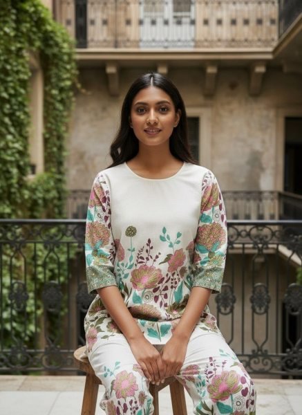 Lavish White Khadi Cotton Printed Co Ord Set for Office Wear CO ORD Sets