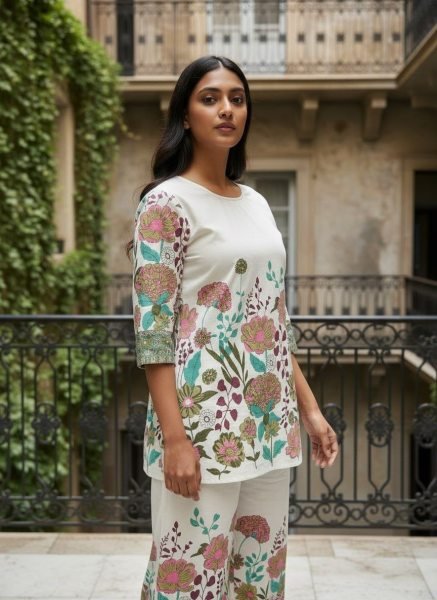 Lavish White Khadi Cotton Printed Co Ord Set for Office Wear CO ORD Sets