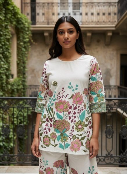 Lavish White Khadi Cotton Printed Co Ord Set for Office Wear CO ORD Sets