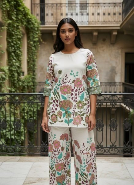 Lavish White Khadi Cotton Printed Co Ord Set for Office Wear CO ORD Sets