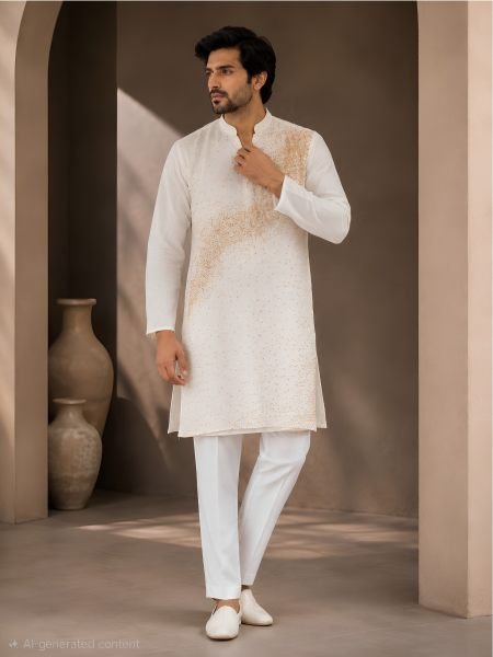Lavish White Men’s Traditional Kurta Pajama Set with Fine Beads Work 