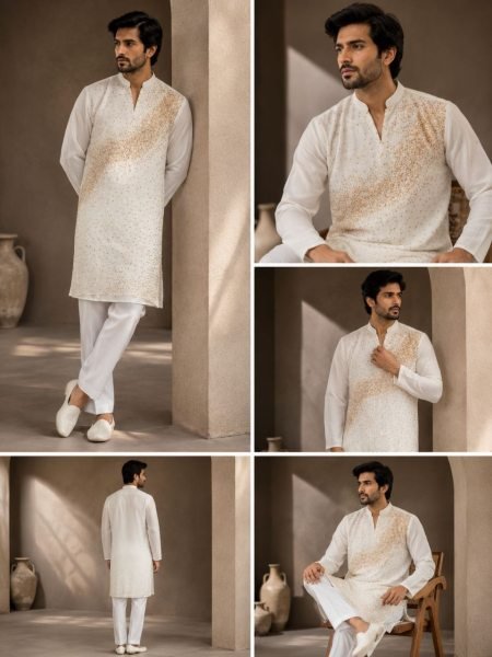 Lavish White Men’s Traditional Kurta Pajama Set with Fine Beads Work Kurta Pajama Wholesale