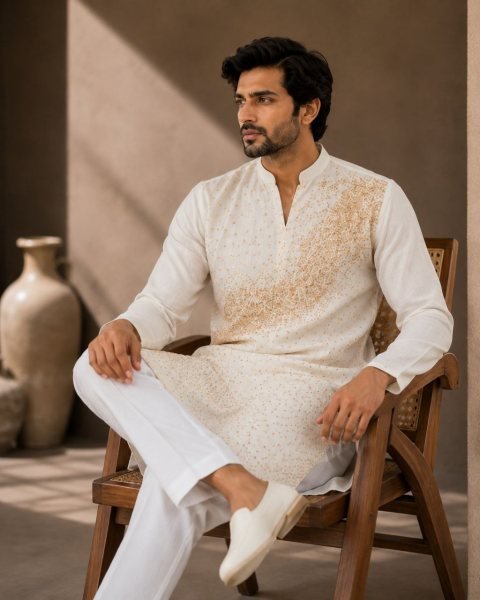 Lavish White Men’s Traditional Kurta Pajama Set with Fine Beads Work Kurta Pajama Wholesale