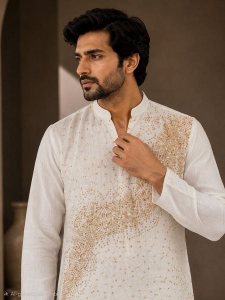 Lavish White Men’s Traditional Kurta Pajama Set with Fine Beads Work Kurta Pajama Wholesale