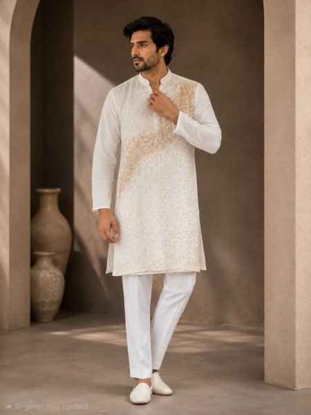 Lavish White Men’s Traditional Kurta Pajama Set with Fine Beads Work Kurta Pajama Wholesale