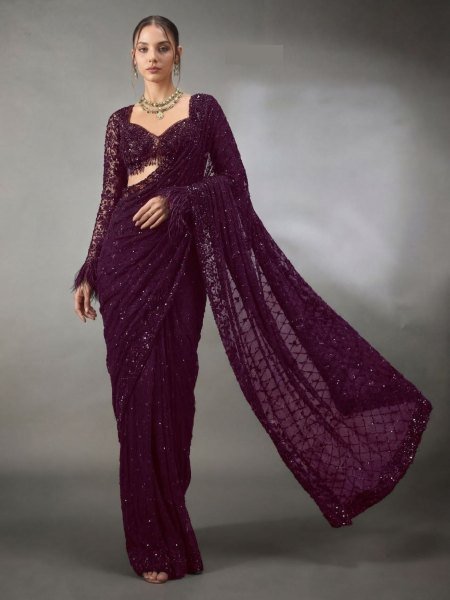 Lavish Wine Bollywood Style Saree with Heavy Embroidery Work for Women Sarees 