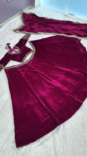 Lavish Wine Color Velvet Lehenga Choli with Sequins, Dori and Zari Work Designer Lehenga Choli