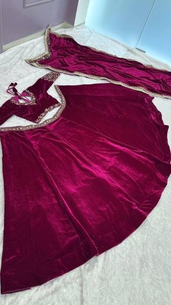 Lavish Wine Color Velvet Lehenga Choli with Sequins, Dori and Zari Work Designer Lehenga Choli