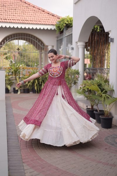 Lavish Maroon Navratri Lehenga Kurti Combo in Kora Cotton and Faux Georgette Navratri Lehnega Choli