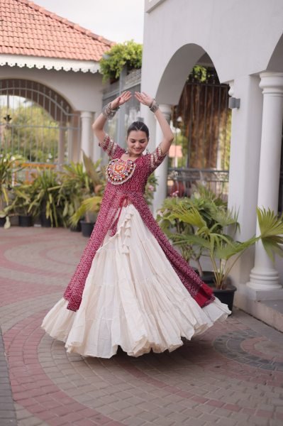 Lavish Maroon Navratri Lehenga Kurti Combo in Kora Cotton and Faux Georgette Navratri Lehnega Choli