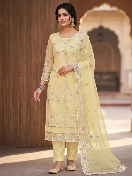 Lavish Yelllow Boutique Style Organza Silk Suit Set with Premium Embroidered Dupatta 