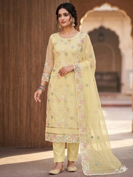 Lavish Yelllow Boutique Style Organza Silk Suit Set with Premium Embroidered Dupatta Color Set Matching Dress Material Wholesale