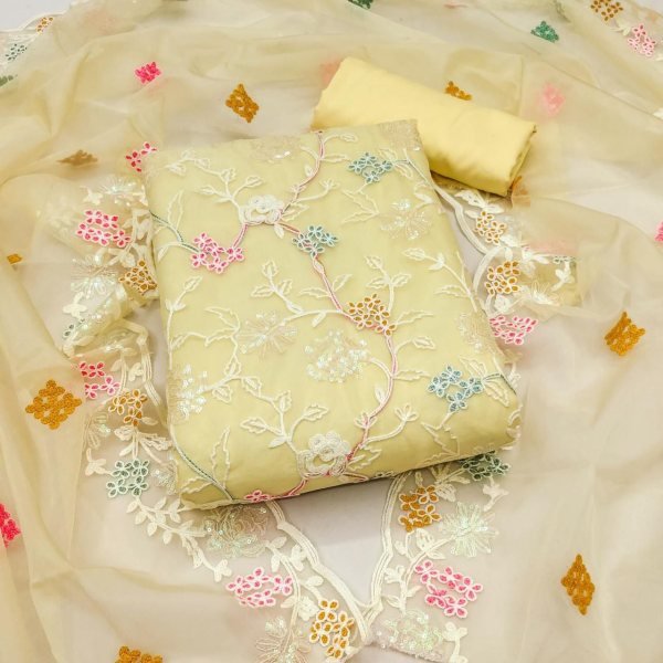 Lavish Yelllow Boutique Style Organza Silk Suit Set with Premium Embroidered Dupatta Color Set Matching Dress Material Wholesale