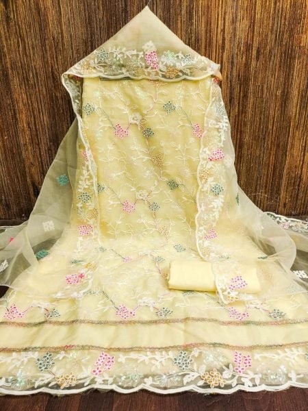 Lavish Yelllow Boutique Style Organza Silk Suit Set with Premium Embroidered Dupatta Color Set Matching Dress Material Wholesale