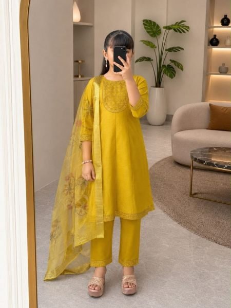 Lavish Yellow Girls Festive Ethnic 3 Piece Set with Embroidered Anarkali Kurti For Festival 