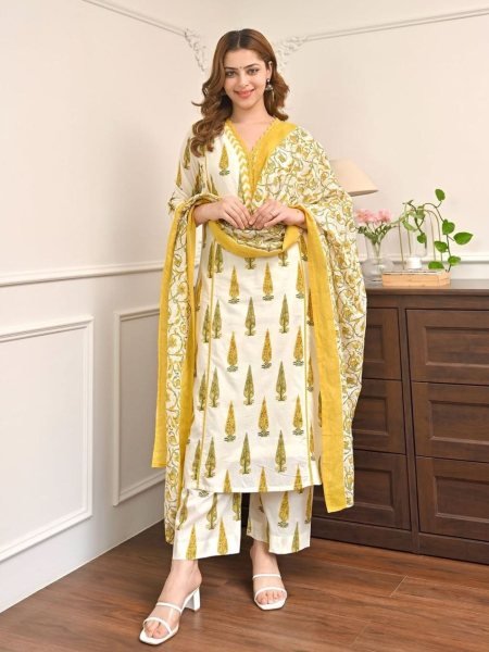 Lavish Yellow Jaipuri Cotton Suit Set with Bagru Print and Mirror Work Neck Kurtis