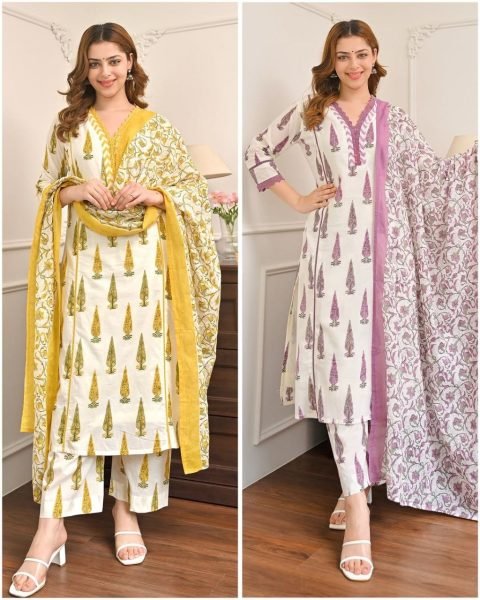 Lavish Yellow Jaipuri Cotton Suit Set with Bagru Print and Mirror Work Neck Cotton Kurtis Wholesale