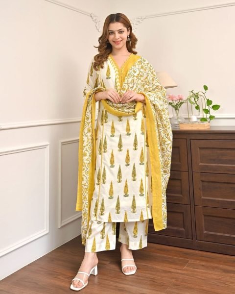 Lavish Yellow Jaipuri Cotton Suit Set with Bagru Print and Mirror Work Neck Cotton Kurtis Wholesale