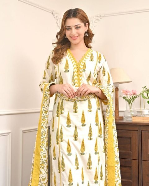 Lavish Yellow Jaipuri Cotton Suit Set with Bagru Print and Mirror Work Neck Cotton Kurtis Wholesale