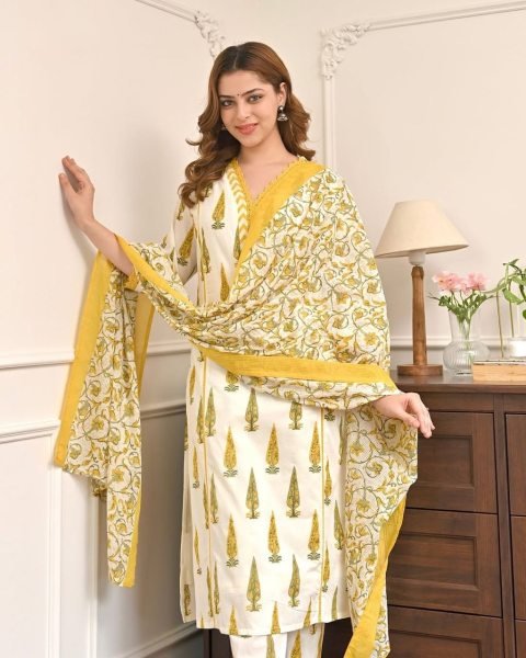 Lavish Yellow Jaipuri Cotton Suit Set with Bagru Print and Mirror Work Neck Cotton Kurtis Wholesale