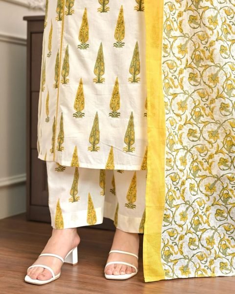 Lavish Yellow Jaipuri Cotton Suit Set with Bagru Print and Mirror Work Neck Cotton Kurtis Wholesale