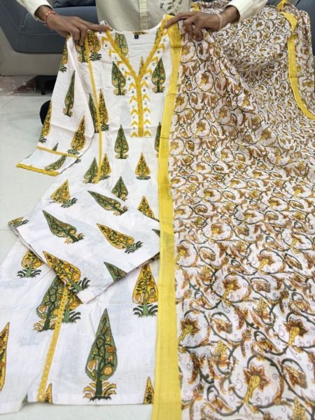 Lavish Yellow Jaipuri Cotton Suit Set with Bagru Print and Mirror Work Neck Cotton Kurtis Wholesale