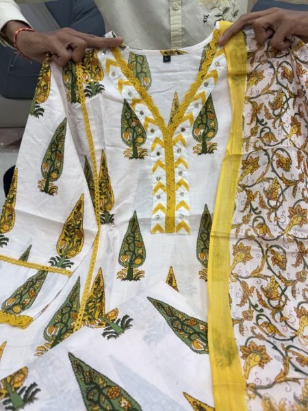 Lavish Yellow Jaipuri Cotton Suit Set with Bagru Print and Mirror Work Neck Cotton Kurtis Wholesale