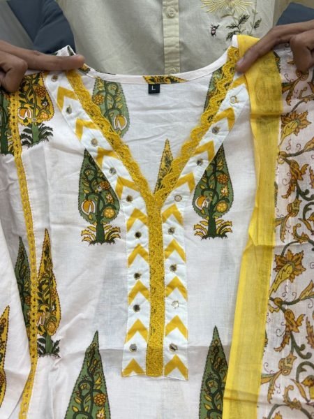 Lavish Yellow Jaipuri Cotton Suit Set with Bagru Print and Mirror Work Neck Cotton Kurtis Wholesale