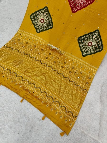 Lavish Yellow Japan Satin Silk Saree with Foil Print and Designer Pallu Border Silk Sarees Wholesale