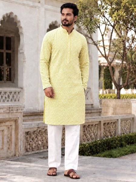 Lavish Yellow Stylish Long Rayon Kurta with Raymond Cotton Pyjama for Men 