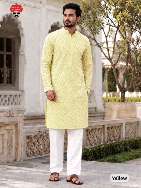Lavish Yellow Stylish Long Rayon Kurta with Raymond Cotton Pyjama for Men Kurta Pajama Wholesale