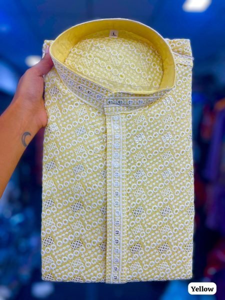 Lavish Yellow Stylish Long Rayon Kurta with Raymond Cotton Pyjama for Men Kurta Pajama Wholesale